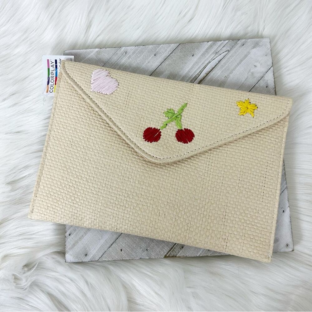 NWT Colorplay Woven Straw Cherries Summer Clutch Bag